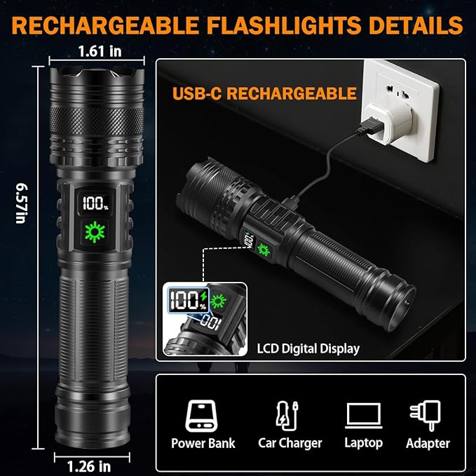 3Pack Rechargeable Flashlights High Lumens 9900FL, LED Flashlight Rechargeable with LCD Digital Display, 5Modes Adjustable Flash Light, Super Bright Flashlight Powerful, Tactical Flashlights for Home