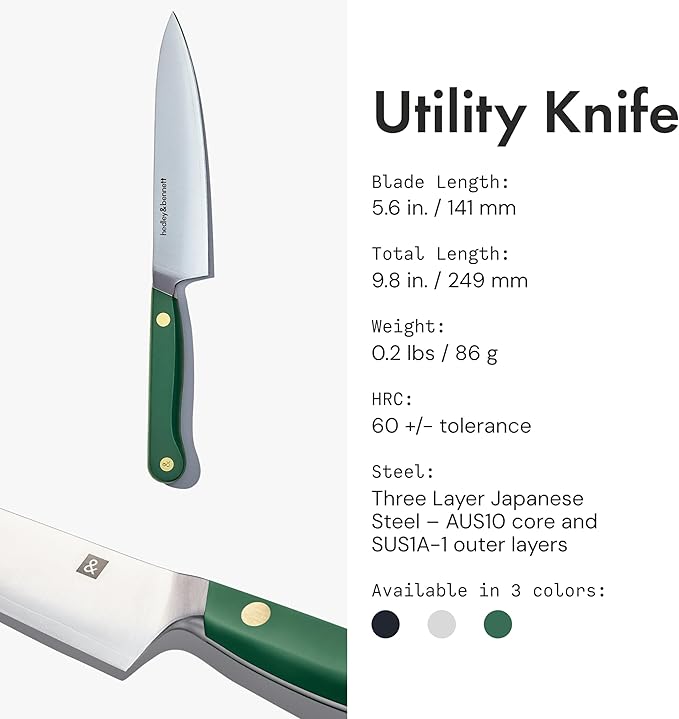 hedley & bennett Utility Knife - 5.6 Inches Japanese 3-Layer High Stainless Steel Blade, Sharp Plain Edge for Fruits & Vegetables - Shiso (Green)