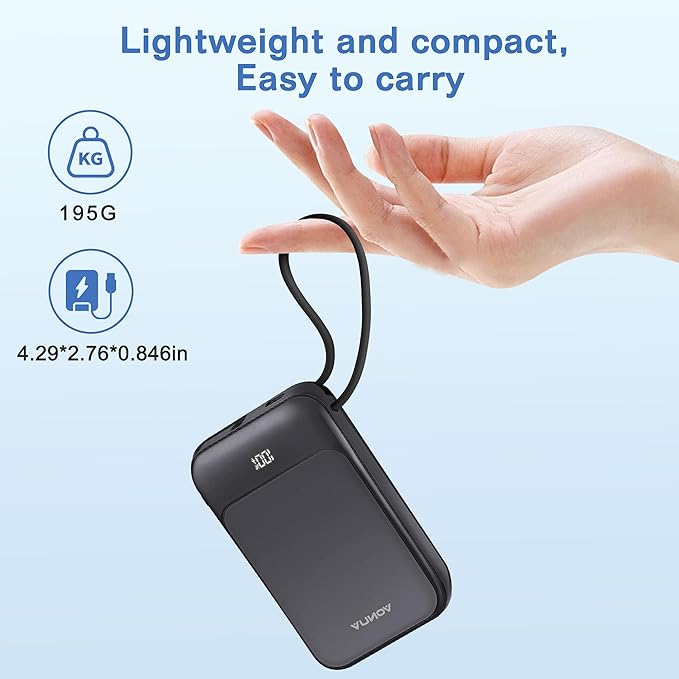 Magnetic Power Bank 10000mAh, Wireless Portable Charger with 15W Max Fast Charging & Built-in USB-C Cable, 22.5W PD LED Display Battery Pack Compatible with iPhone 16/15, Samsung Galaxy
