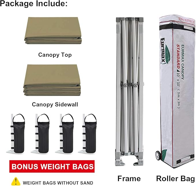 Eurmax USA 10'x10' Pop-up Canopy Tent Commercial Instant Canopies with 4 Removable Zipper End Side Walls and Roller Bag, Bonus 4 SandBags(Khaki)