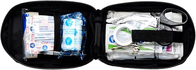MFASCO Personal First Aid Kit Compact Storage, A Mini Emergency Kit Delux with 42-Piece Emergency Pack, Rescue Blanket, Black Canvas Case for Travel, Camping, and Hiking Attachable to Belts or Bags