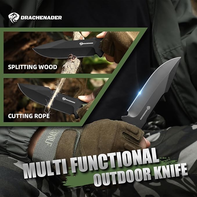 Fixed Blade Knife with Sheath, Tactical Knife for Men, Survival Knife with ABS Handle, Full Tang Design (Green-Black)