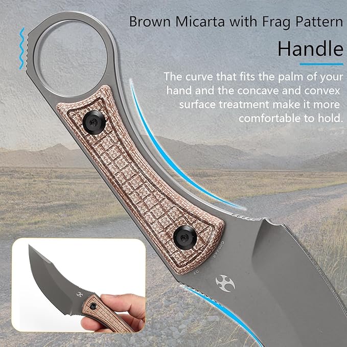 KANSEPT Niko Fixed blade Knife with Sheath, 3.54'' Grey TiCn Coated D2 Blade and Brown Micarta with Frag Pattern Handle, Adjustable Kydex Sheath for EDC, Fixed Knifes for Camping Hiking Fishing G004A8