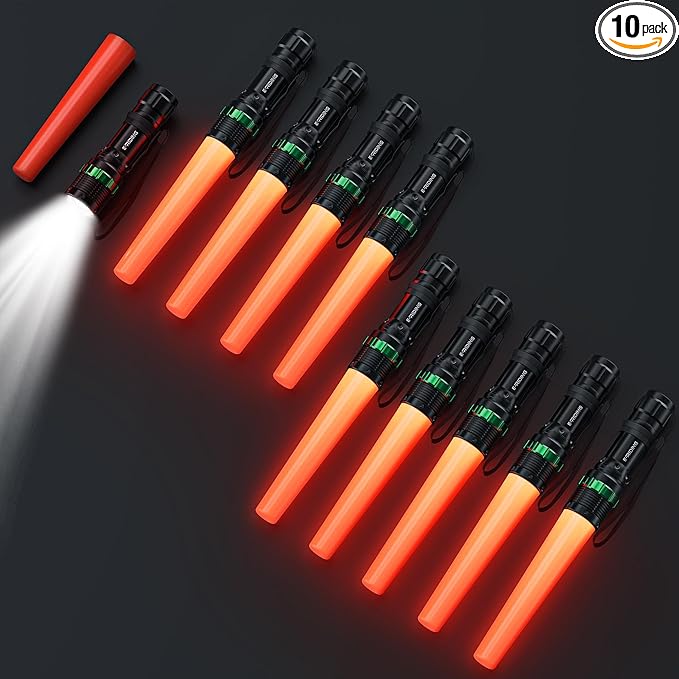 10 Pack Traffic Wand, 11 Inch LED Traffic Flashlight Wand, Small Orange Safety Baton with for 5 Flashing Modes, Air Traffic Control Wands for Airport, Parking, Car Directing