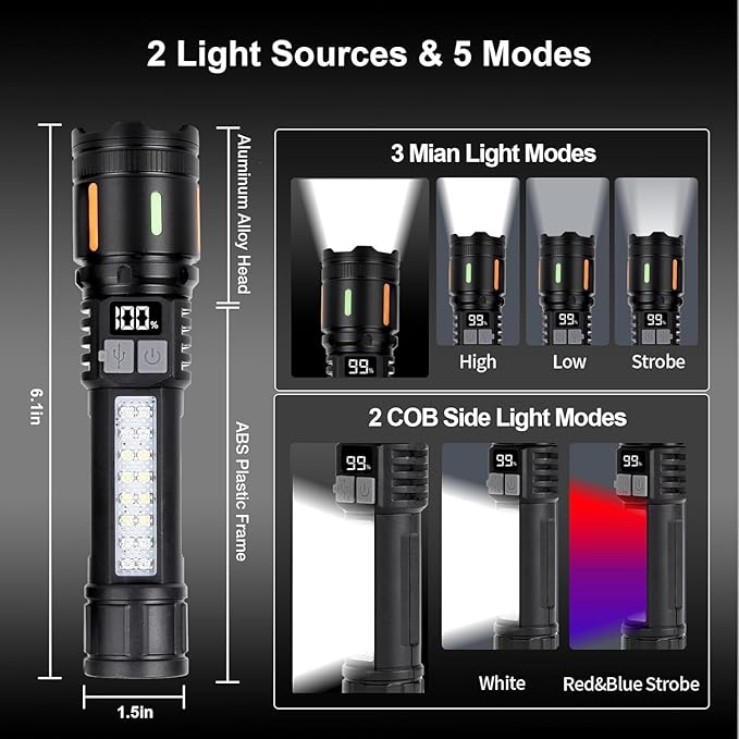 Rechargeable Flashlight High Lumens 900,000L, Super Bright LED Handheld Flashlights, Battery Powered Tactical Flash Light with 5 Modes, Cob Side Light, USB C, Waterproof for Home, Emergency