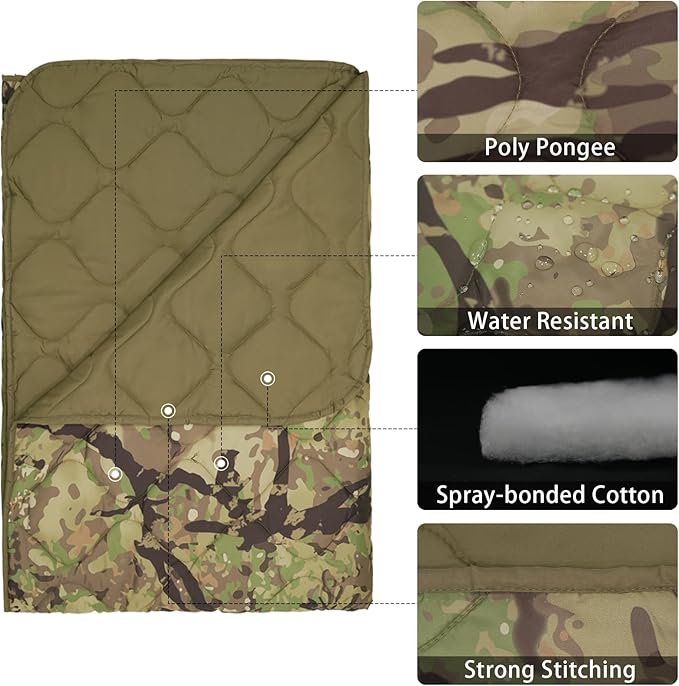 Poncho Liner Military Outdoor Camping Blanket for Travel, Beach, Grass, Picnic, Car Emergency, Outdoor, Survival