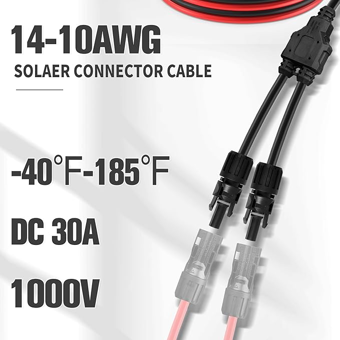 20FT 10AWG Solar Panel Extension Cable with Integrated Y Branch Parallel PV Adapter, 6mm² MC4 Solar Extension Cable with Extra Pair of Connectors and Spanners for Solar Panel (20FT Red+20FT Black)