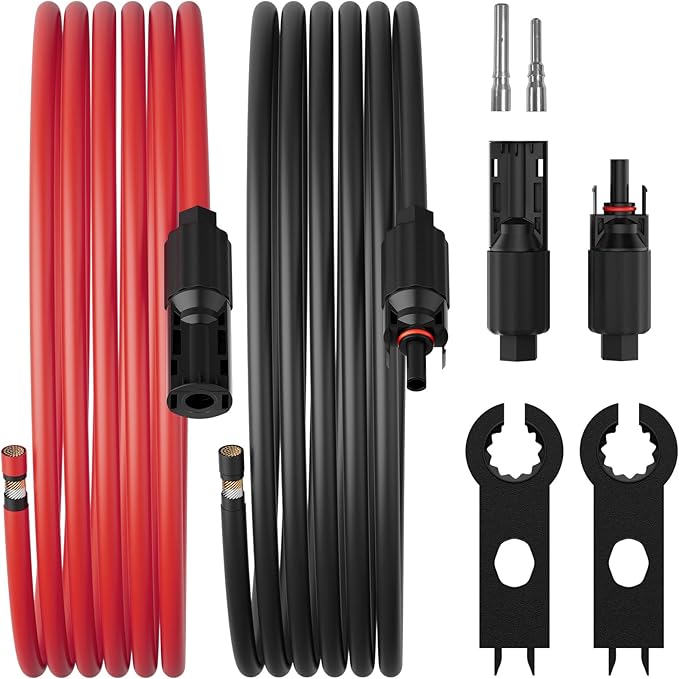 BougeRV 6 Feet 8AWG Solar Extension Cable with Female and Male Connector with Extra Pair of Connectors Solar Panel Adaptor Kit Tool (6FT Red + 6FT Black)