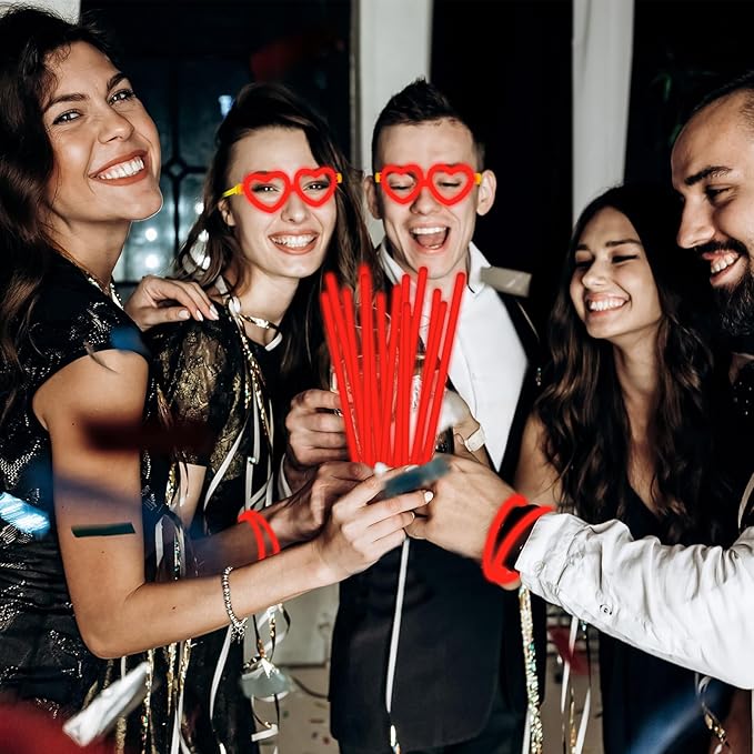 60 Pack 8??Red Glow Sticks Bulk Bright Glow Sticks with 60 Connectors 20 Heart Glasses Glow In The Dark Party Supplies Neon Party Decorations Glow Bracelet Glasses for Holiday Carnival(Red)