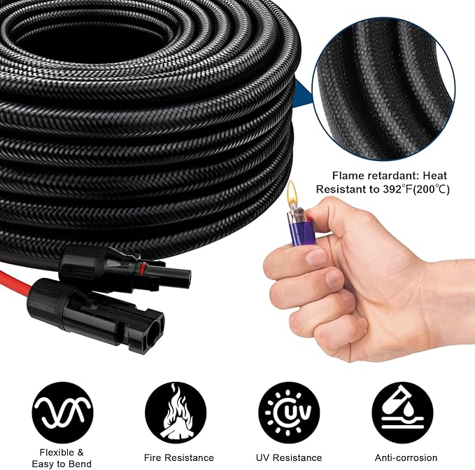 Solar Panel Extension Cable - 10AWG 10FT Solar Wire with Female & Male Waterproof Connector Flame Retardant Protective Sleeving PV Wire for RV, Photovoltaic Systems, Home, Boat, Solar Panels, Car