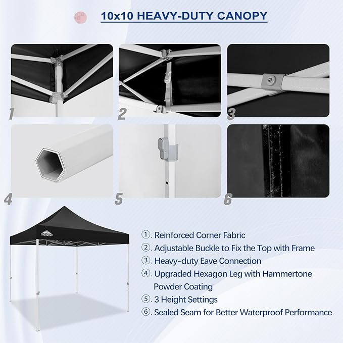 EAGLE PEAK 10x10 Heavy Duty Pop up Commercial Canopy Tent, Instant Marketplace Sun Shelter with Roller Bag and 4 Sandbags, Black