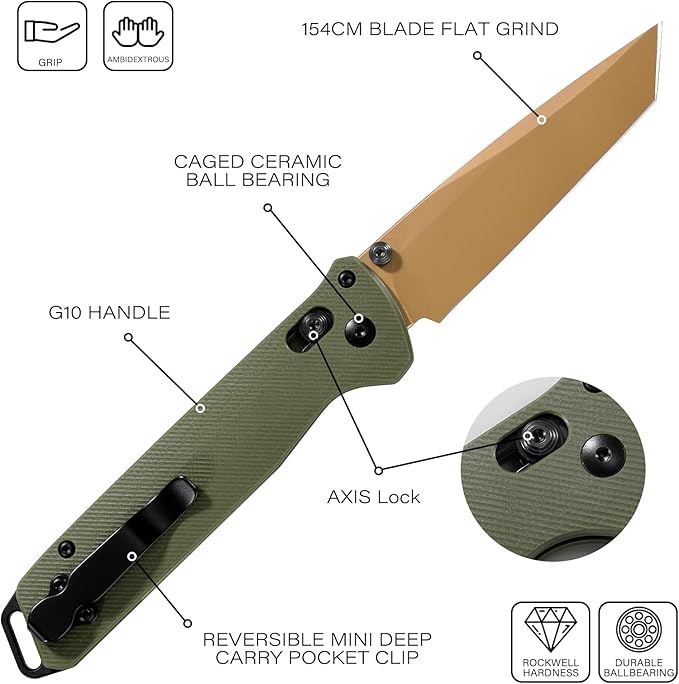 RBLACK Folding Knife with 3.39'' 154CM Steel Tanto Blade, Bug Pocket Knife for Men Women Gifts, Axis Lock EDC Tactical Knife with Lightweight G10 Handle, Reversible Pocket Clip - RK0402-OG