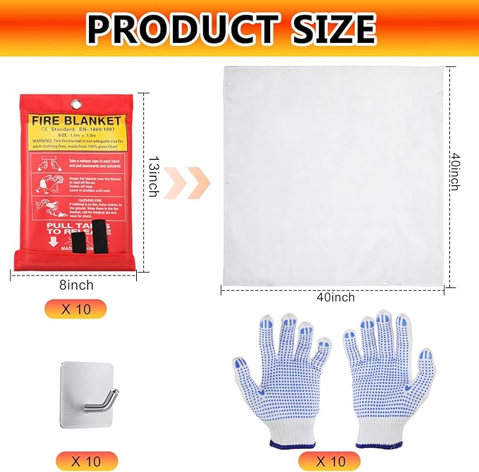 Macarrie 40''x 40'' Fire Blanket Emergency with Hooks and Gloves Fire Suppression Blanket Fiberglass Safety Fireproof Blanket Survival for Kitchen Home Camping Picnic Warehouse Car(10 Pack)