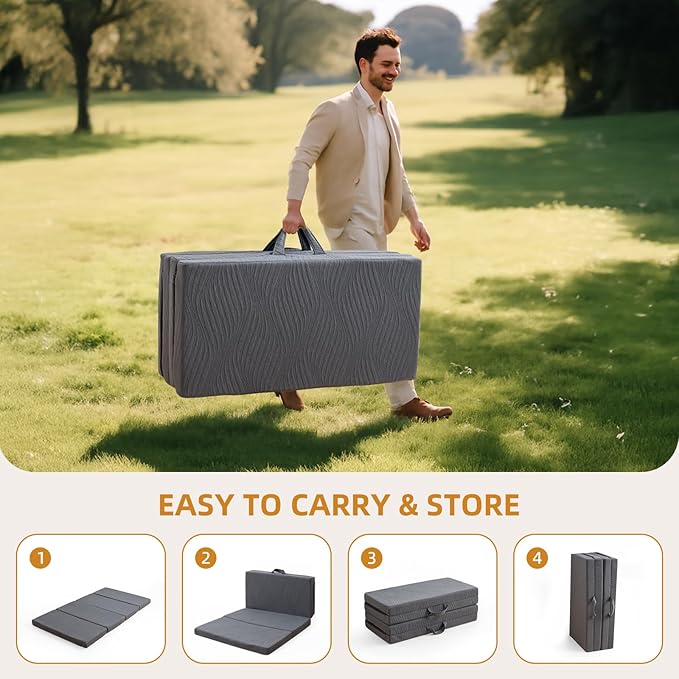 Memory Foam Camping Mattress Pad, 3 Inch Thick Waterproof Foldable Sofa Bed Floor Mattress, Portable Sleeping Pad for Adult, Sleeping Mat for Travel RV Camping Guest Yoga