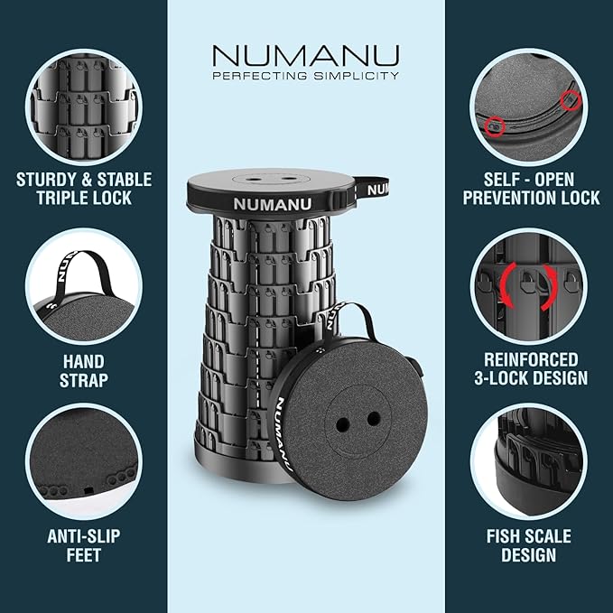NUMANU 2025 Upgraded Collapsible Stool, Max 620lb, Height Adjustable Retractable Telescopic Seat, Portable Folding Stool, Travel Chair, Foldable Camping Seat or Footrest Gift for Outdoors, 2.5"-18" H