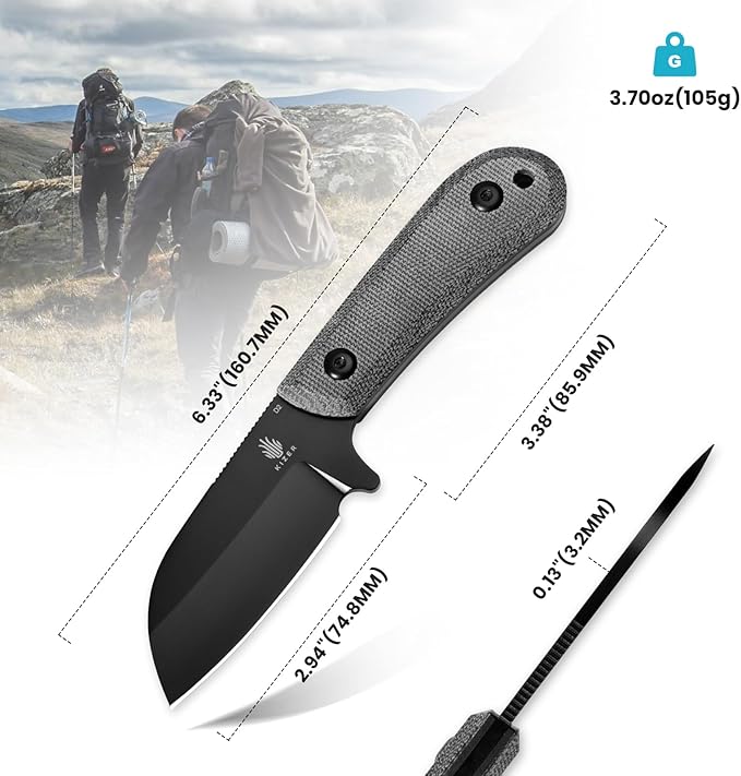 Kizer Deckhand Fixed Blade Hunting Knife with Sheath, D2 Blade Camping Knife G10+Micarta Handle Lightweight EDC Fixed Blade for Men Women, Knives for Hunting Survival 1062A2