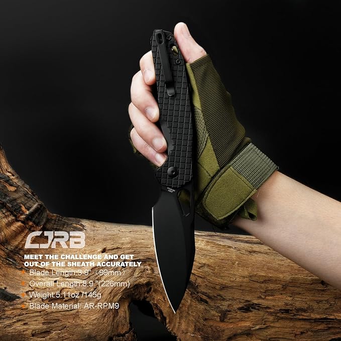 CJRB Frack Pocket Knife, 3.9" AR-RPM9 Steel Blade PVD Coating Frag Pattern Steel Handle EDC Knife, Button Lock Knife for Outdoor Camping Gift, Black (J1931)