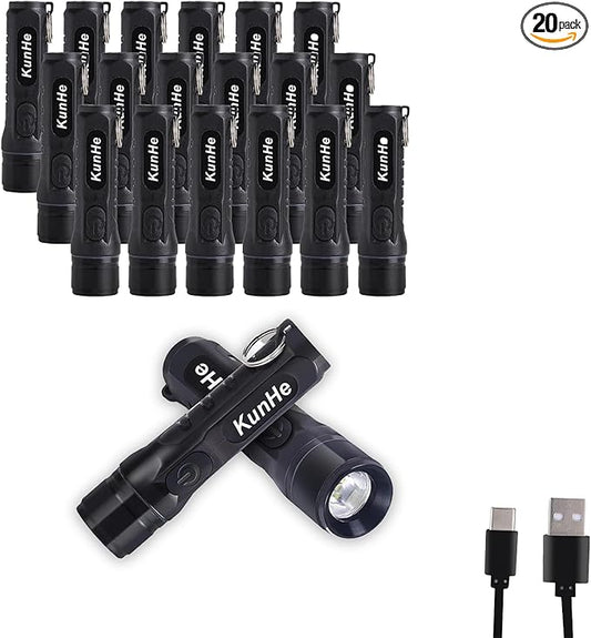 KunHe 20 Pack Bulk Keychain LED Flashlight Small Mini Rechargeable Flashlight Pocket Keychain Light Portable 300 Lumens for EDC Emergency Gift