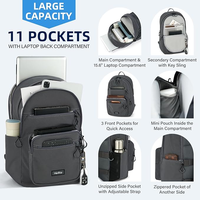 Carry On Travel Backpack For Women, 18 Inch Water Resistant Large Backpack Lightweight Bookbag For Men, 8x14x18 Personal Item Bag Casual Daypack Backpacks For Work Office Commuter (Dark Gray)