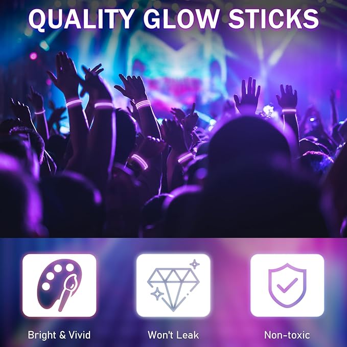 Hanaive 300 Pcs Glow Sticks Bulk 8 Inch Glow in The Dark Party Favors Neon Bracelets and Necklaces Light up Sticks with Connectors for Holiday Birthday Party Supplies(Purple)