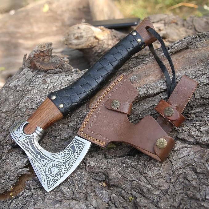 Qepaa Crafts®Russian Valknut Wood Viking Style Bearded Axe Tomahawk - Real Hatchet, Best Gift for Anniversary, Valentine's Day, Birthday,Leather Sheath with Leather Wrap Handle Perfect Hand Grip (SFL)