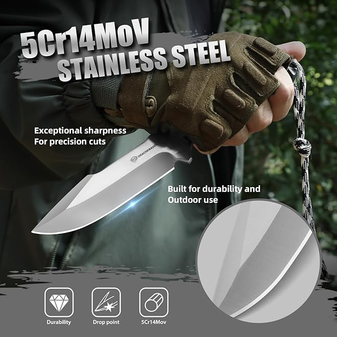 9.29" Fixed Blade Knife with Sheath B-ER-DROP POINT, Tactical Knife for Men, Full Tang 5Cr14MoV Steel Blade(Sliver-Black