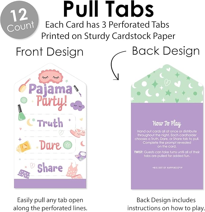 Big Dot of Happiness Pajama Slumber Party - Girls Sleepover Birthday Party Game Pickle Cards - Truth, Dare, Share Pull Tabs - Set of 12
