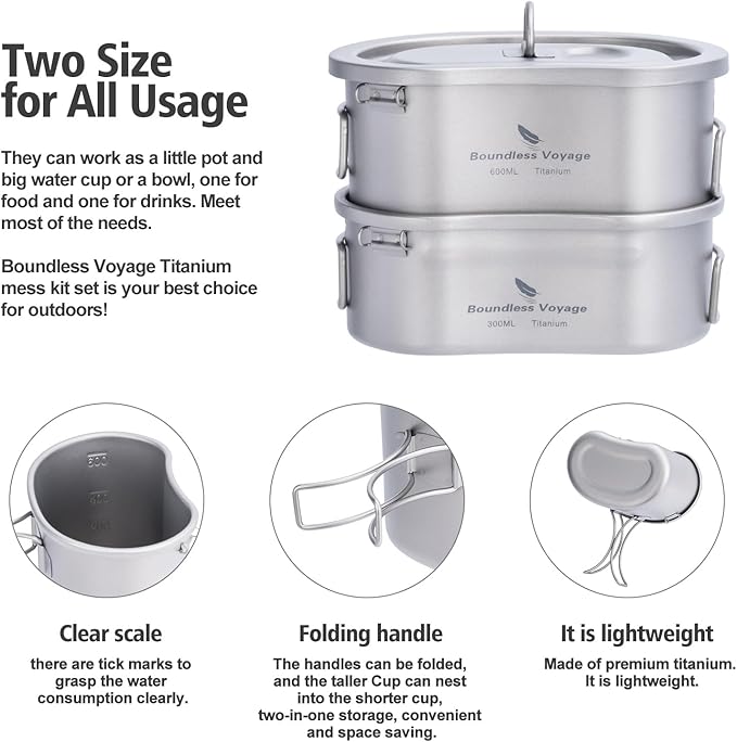 iBasingo Titanium Canteen Mess Kit with Folding Handle Hanging Ring Ultralight Portable for Lunch Outdoor Camping Hiking