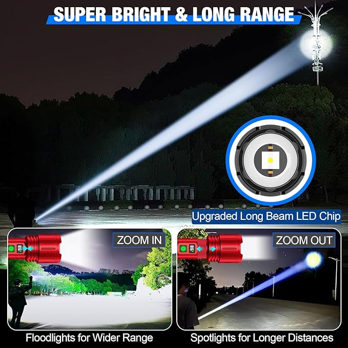 Flashlights High Lumens Rechargeable, Super Bright LED Powerful Flashlight, Type-C, 5 Modes, Zoomable, IPX5 Waterproof High Powered Tactical Flash Light for Emergency Camping,Red