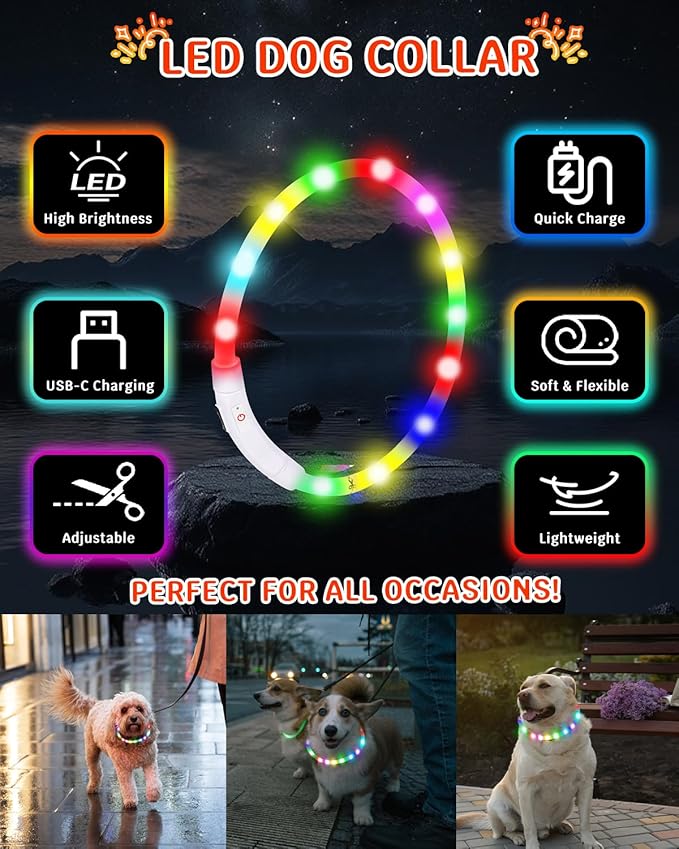 Led Dog Collar【LED Brightness Increased by 83%】 OGURIYA USB-C Rechargeable Dog Necklace Light, Pet Safety Collar Makes Your Beloved Dogs Be Seen at Night for Small Medium Dogs 13.78in Length(35CM)