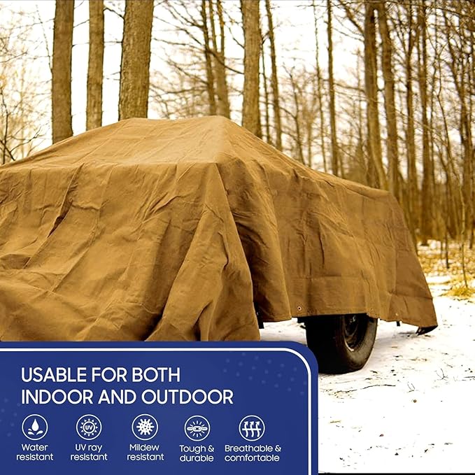 Tarps Now 10x10 ft Heavy Duty Canvas Tarp | 18 MIL Industrial Grade, Tear Resistant, Reinforced Edges, Nickel Plated Grommets | Ideal for Construction, Trucking, Manufacturing, Automotive – Tan Color