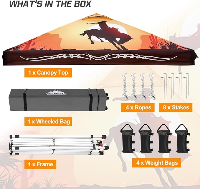 EAGLE PEAK Pop Up Canopy Tent with Wheeled Carry Bag, 8 Stakes, 4 Ropes, 4 Weight Bags, Easy Set Up Tent Canopy, 10x10 ft, 100sqft of Shade, Cowboy
