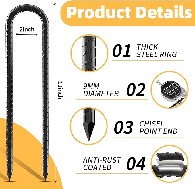 12inch Rebar Stakes, 8 Pack U Hook Ground Anchors, Heavy Duty Rust Proof Coated Steel Ground Stakes Ground Anchors, Garden Stake Metal Stake Tent Stake Trampoline Anchors Trampoline (Black)