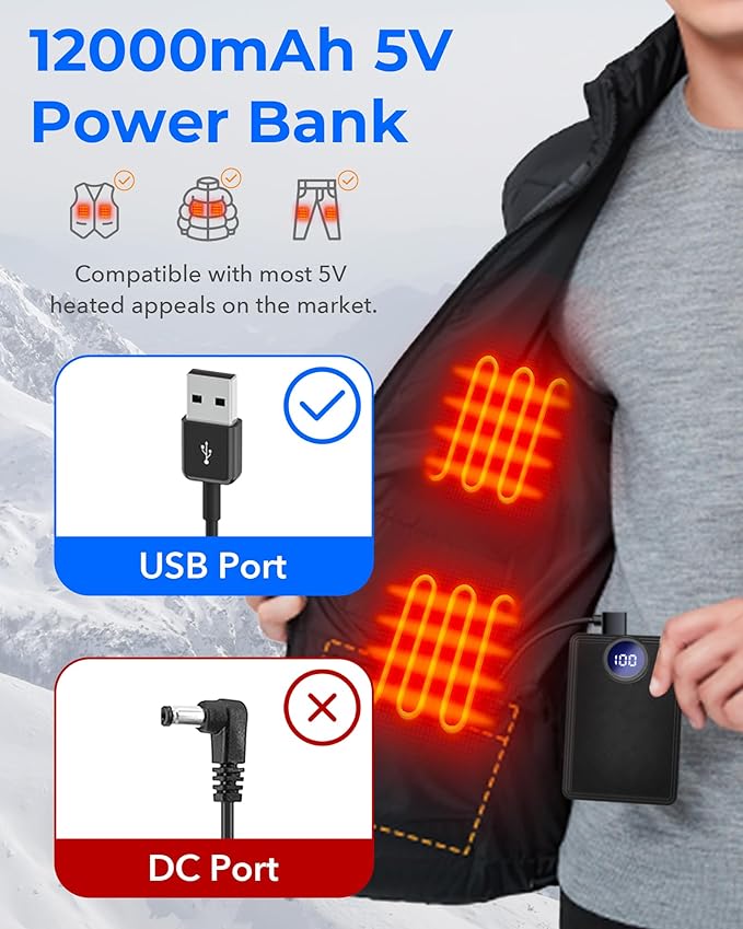 ?Ÿ±?—© ?Ÿ?Ÿ®?Ÿ¬?Ÿ¬?Ÿ¬?—º?—”?—µ Heated Vest Battery Pack, Rechargeable Power Bank with LED Display, Type-C Input, and Dual USB-A Output for Heated Apparel, Vest, Seat, Blanket and Jacket up to 10H