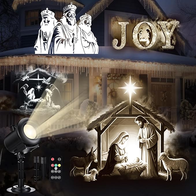 Christmas Nativity Scene Projector Lights, 2025 Upgrade 3D Dynamic Joy Jesus Christian Outdoor Indoor Xmas Decorations Lights, 4-Color, 12 HD Effects with Remote for Wall Window
