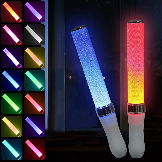 BINWO Reusable LED Glow Stick with 15 Multicolor(1pcs), Equipped with 3 x AAA Batteries Powered LED Stick, Concert Glowstick, Raves (15+ Years Old)