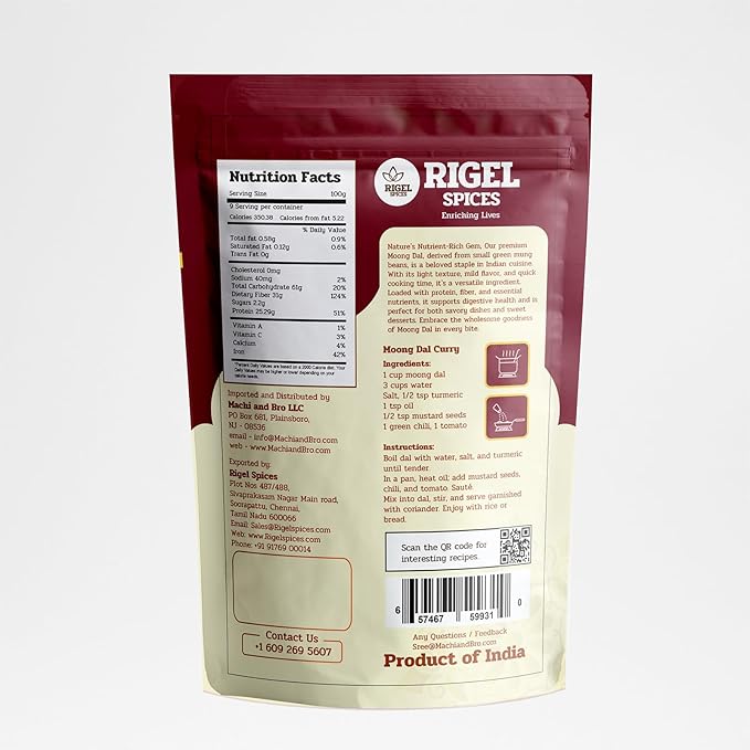 Rigel Spices Moong Dal 2 Lbs - Protein-Rich Yellow Mung Beans - Quick-Cooking Nutrient-Packed Elegance - Split Mung Beans - Ideal for Soups & Stews - Nutritious Yellow Split Mung Dal