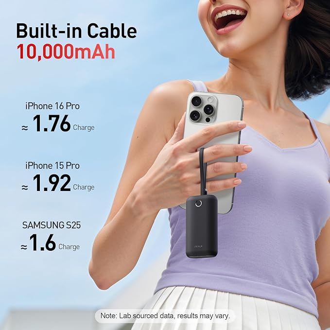 iWALK Mini Portable Charger 10,000mAh, 22.5W USB-C Fast Charging Power Bank with Built-in Cable, Travel Essential Ultra-Small Battery Pack Compatible for iPhone 17/16/16 Pro/15, Samsung, Google, Black
