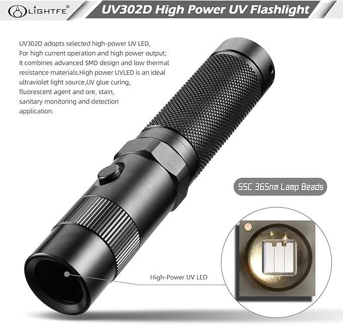 LIGHTFE UV Flashlight 365nm Blacklight UV302D with LG LED Source, Black Filter Lens, Max.3000mW Power for UV Cure, Glow Rocks, Pet Urine Detection, AC Leak Detection