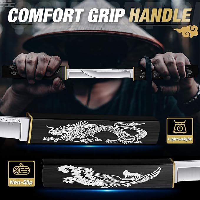 Purple Dragon Tanto Fixed Blade Knife, Katana Survival Bushcraft Knife, Full Tang Samurai Knives 2 in 1, Ideal for Camping, Fishing, Hiking, Hunting Double Knives for Men, Gift for Father (Black)