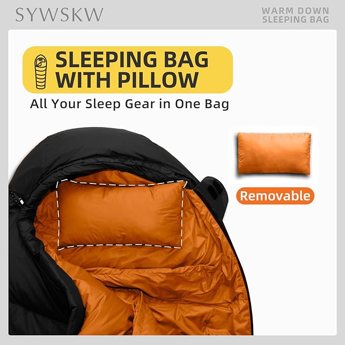 Down Sleeping Bag with Pillow, Lightweight Wide Sleeping Bag (86.6 in x 33.5 in) for Adults Backpacking,Hiking and Camping Outdoor with YKK Two-Way Zipper,680FP Duck Down