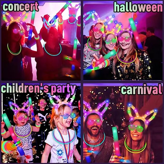 160 PCS Glow Sticks Bulk Party Pack:Glow in the Dark Party Supplies include Glowsticks,Foam Glow Sticks, LED Glasses, Finger Lights,Glow Rabbit Ear Headband,Halloween ,Wedding,Concert