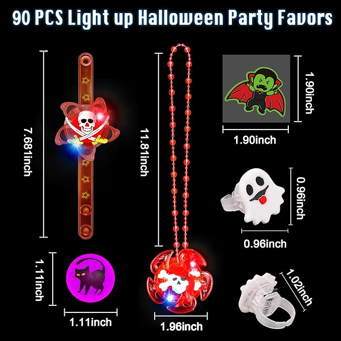 90 PCS Halloween Party Favors for Kids, Glow in The Dark Halloween Toys Bulk Light Up Necklace Bracelet LED Rings Halloween Goodie Bag Fillers Treats for Classroom Prizes Trick or Treat Gift