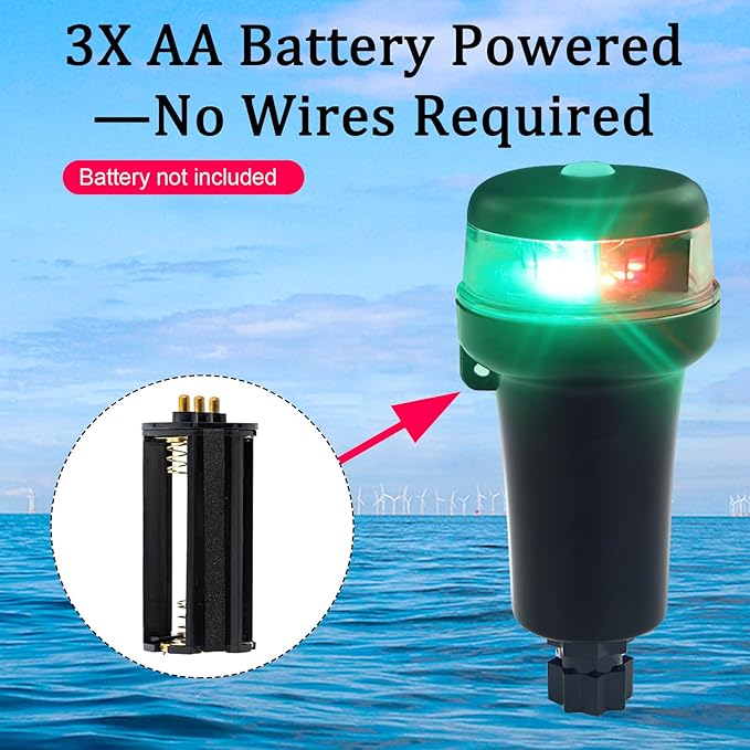 Kayak Battery Portable Navigation LED Lights Multi- Adaptors 3AA Battery Inflatable Boat Surface Mount Adhesive Base (Red+Green With Adapters)