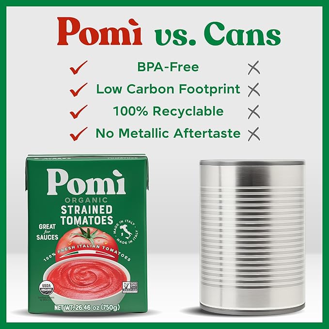 Pomì Organic Strained Tomatoes 26.46oz (Pack of 12)- Creamy, Velvety Puree - 100% Fresh Italian Tomatoes, Made in Italy - No additives, Kosher, Non-GMO, BPA-Free Carton, USDA Certified Organic