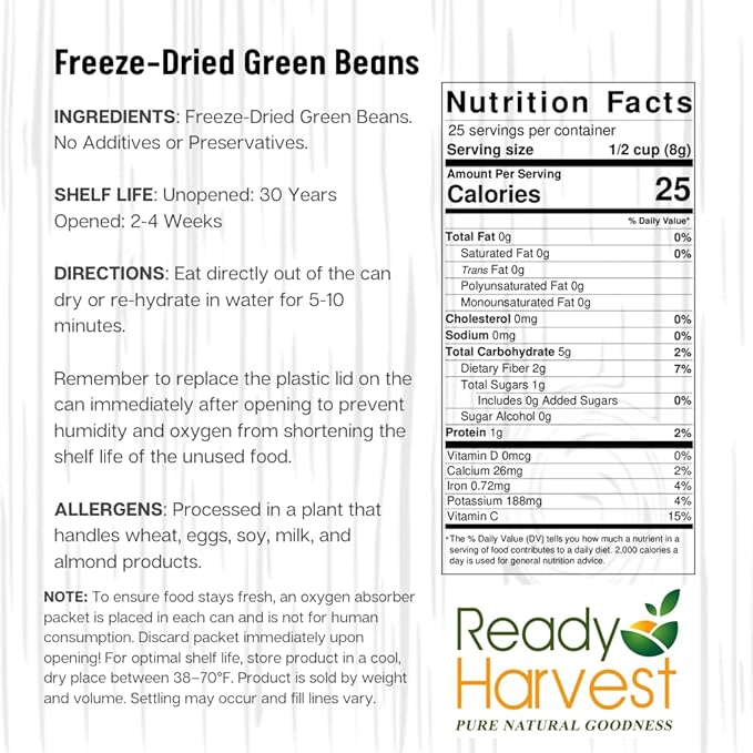 Ready Harvest Freeze Dried Food - Green Beans | Emergency Food | Camping Vegetables | #10 Can | 25-Year Shelf Life | Cans Filled to the Top