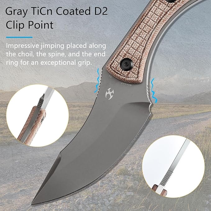 KANSEPT Niko Fixed blade Knife with Sheath, 3.54'' Grey TiCn Coated D2 Blade and Brown Micarta with Frag Pattern Handle, Adjustable Kydex Sheath for EDC, Fixed Knifes for Camping Hiking Fishing G004A8
