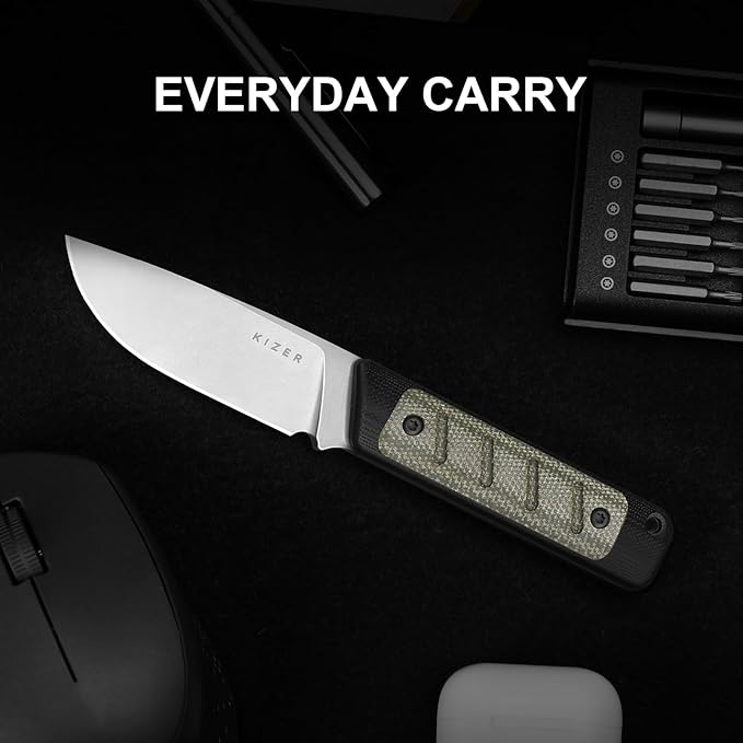 Kizer Smolt Fixed Blade Knife, 2.93" 14C28N Fixed Blade with Black G10 & Micarta Handle, Drop Point EDC Knives with Sheath for Camping Hiking 1063A6
