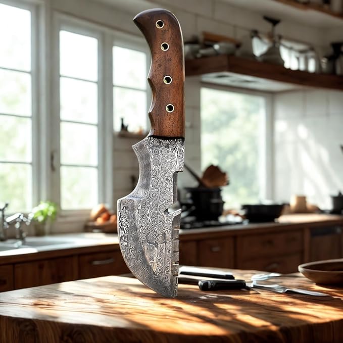9.5" Handmade Damascus Knife with Leather Sheath | Elite Outdoor Companion | Damascus Steel Blade with Wood Handle | Dark Brown Handle with Sheath Included | Unparalleled Camping Performance