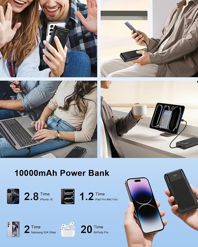 20000mAh Power Bank 22.5W PD/QC3.0 Fast Charging Portable Charger with Built-in Lightning and Type-C Cables 5V-4.5A iPhone,Samsung,iPad,Tablets,Google Pixel,AirPods and More